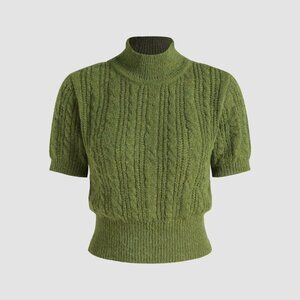 New! Green Wool Blend Texture High Neck Short Sleeve Sweater